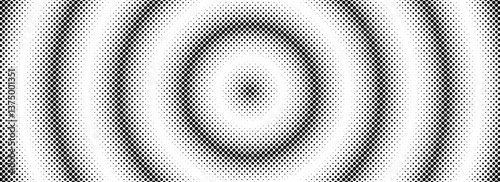 Halftone circle background. Radial comic target texture. Black and white dotted circular gradient. Fading dot epicenter wallpaper concept. Vector grunge rough round pop art rasterized backdrop
