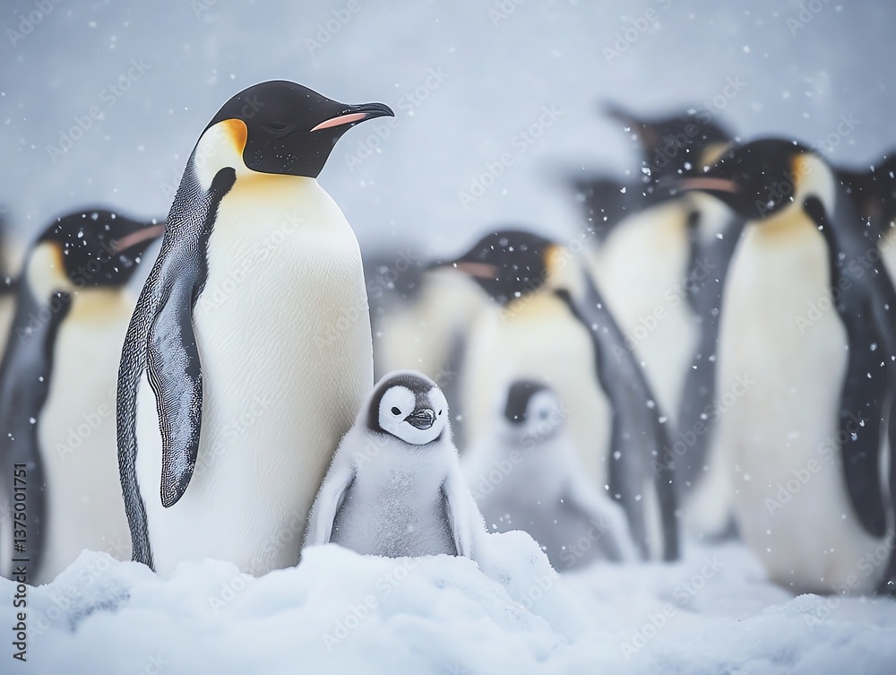 Fototapeta premium Emperor Penguins and Chick Standing in Snowy Landscape During Winter