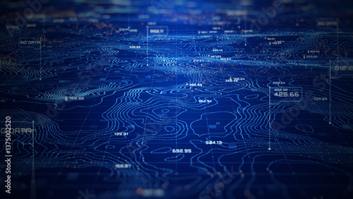 Digital topographic map with glowing data points and data network, futuristic analytics, Technology big data, and geospatial concepts. Future abstract background 3d Rendering