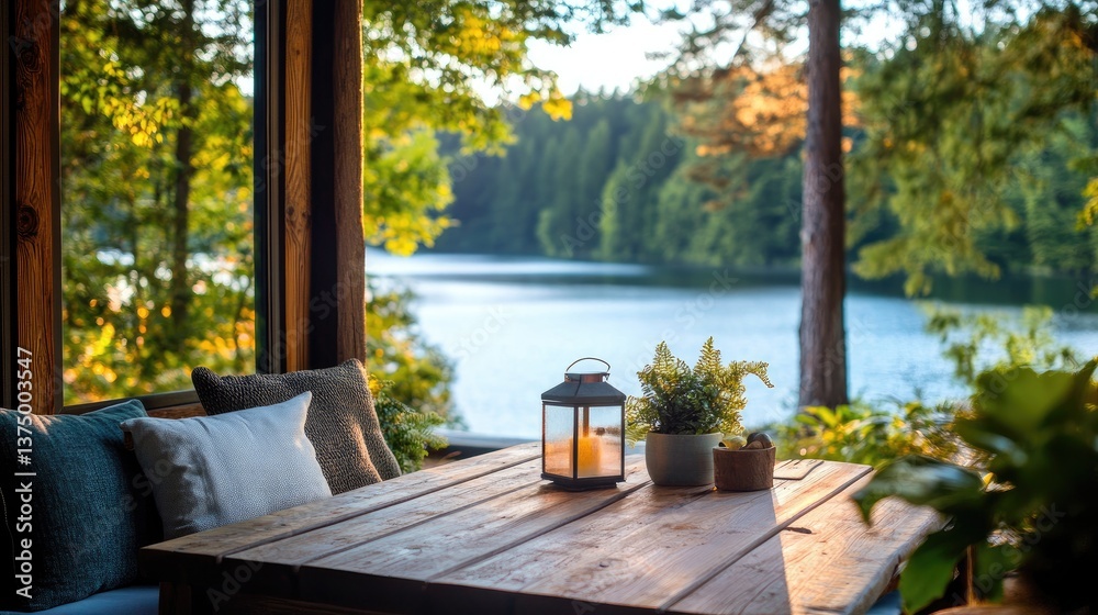 Naklejka premium Tranquil Lakeside Retreat with Cozy Outdoor Table and Lantern