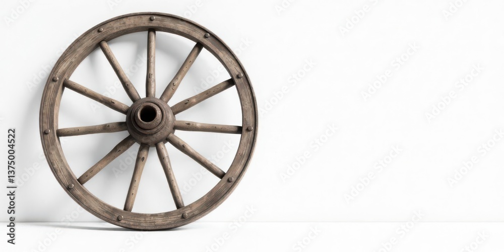 Fototapeta premium Rustic Wooden Wagon Wheel Against a Plain White Background, a Symbol of Vintage Transportation and Simple Elegance