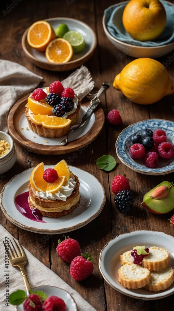 Artistically arranged flatlay of aesthetic plates of food on a table surrounded by colorful ingredients and utensils Artistically arranged flatlay of aesthetic plates of food on a table surrounded by colorful ingredients and utensils