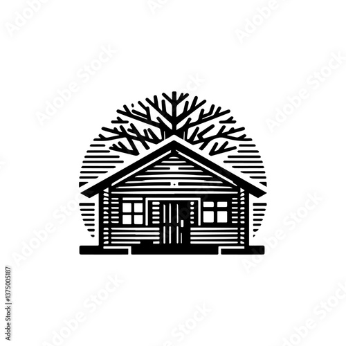 Vintage wood cabin vector logo illustration with rustic home and trees