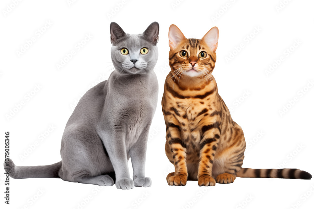 Fototapeta premium Gray Russian Blue Cat And Orange Bengal Cat Sitting On Transparent Background. Looking at Camera
