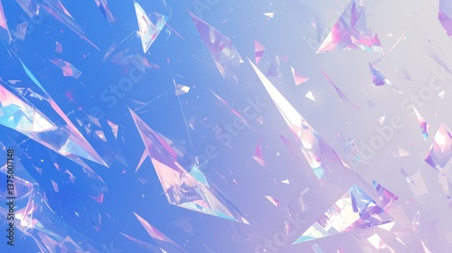 Abstract iridescent crystal shards floating in a pastel blue and purple sky, digital art, fantasy, vibrant, colorful, geometric, futuristic