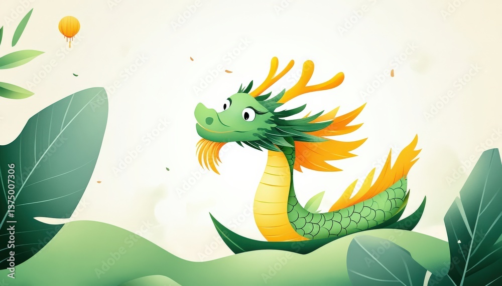Fototapeta premium Adorable Cartoon Dragon on a Leaf Boat
