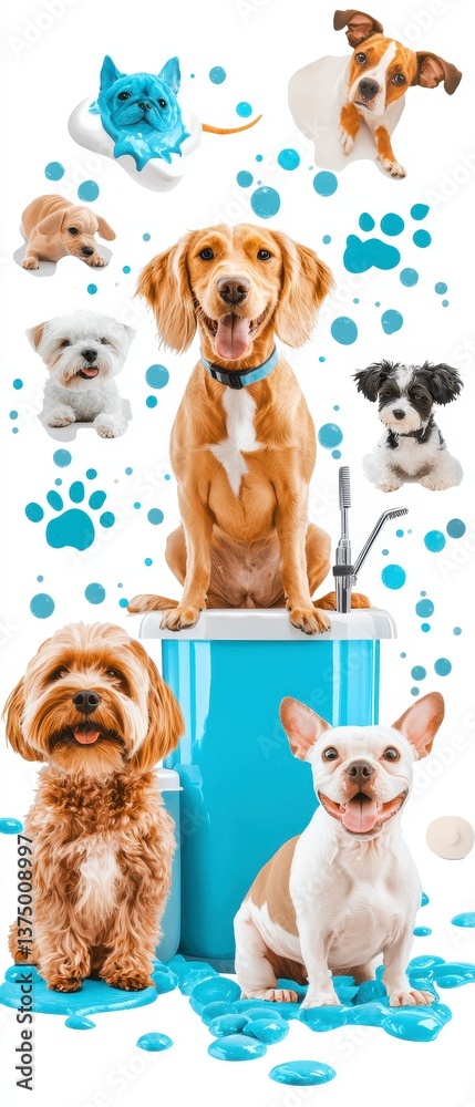 Obraz premium Playful dogs and puppies with bubbles indoor pet grooming space colorful pet photography fun environment close-up view