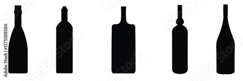 Bottle Silhouette Collection. Wine, Beer, Liquor Bottle Vector Set .Vector Illustration . 