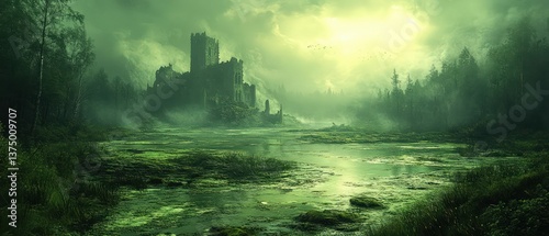 Mystical green swamp castle ruins, serene and haunting.