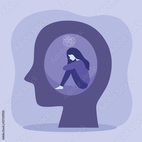 Mental disorder concept. Depression woman sitting inside human head. Stress, despair, anxiety disorder, fatigue concept vector illustration.