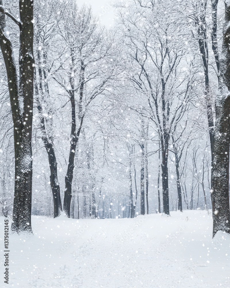 Fototapeta premium A serene winter landscape featuring tall evergreen trees blanketed in fresh, white snow, with delicate snowflakes gently falling from a gray sky, creating a peaceful atmosphere.