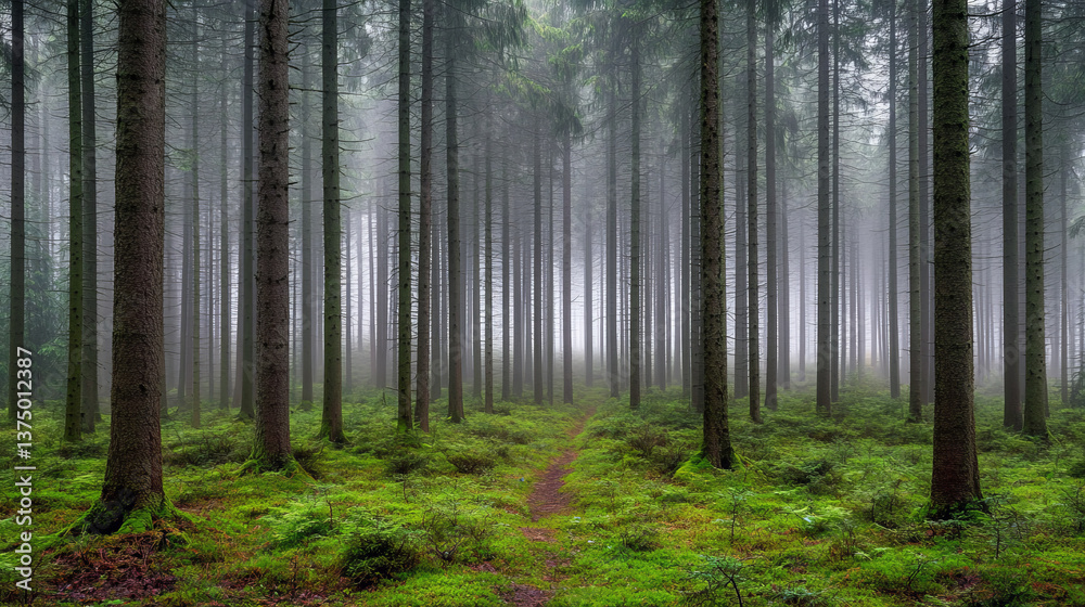 Obraz premium serene forest path surrounded by tall trees and mist