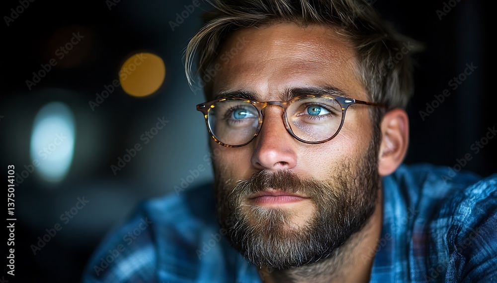 Mans thoughtful gaze at night. Mans thoughtful gaze at night.