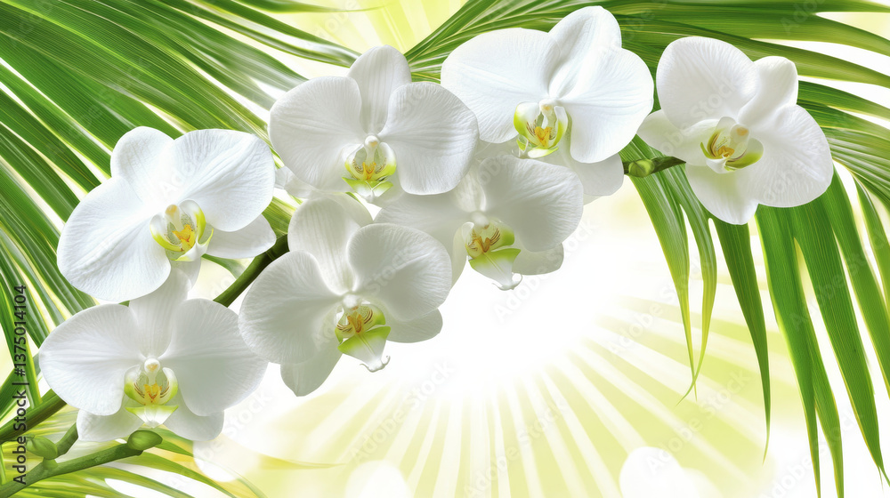 Obraz premium Beautiful white orchids with green leaves in sunlight