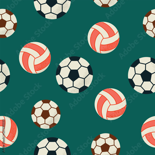 Sport Items Elements seamless pattern background for packaging and decoration with balls for soccer, volleyball, football