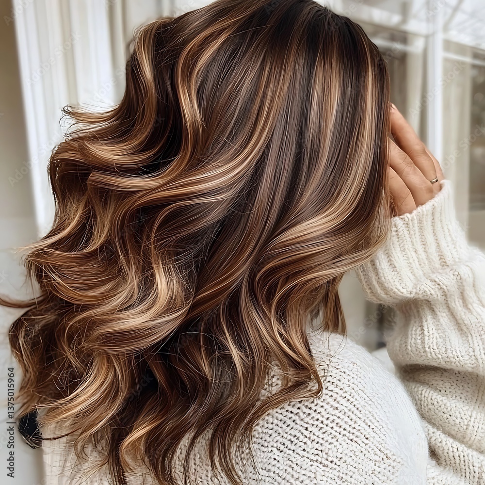Naklejka premium A woman with long brown hair is wearing a white sweater