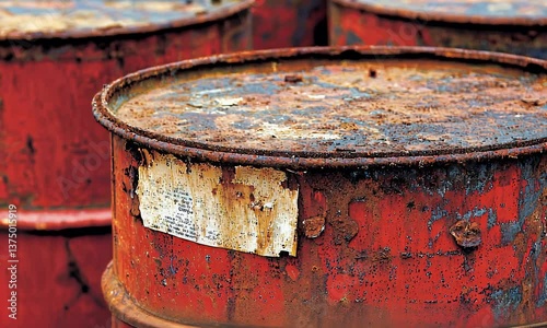 Red, rusted barrels sit close together. Some have white labels. Text is obscured by damage and angle