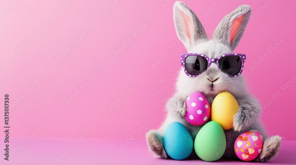 Fototapeta premium Cute bunny in purple sunglasses with polka dot and heart-decorated Easter eggs on pink background. Ideal for Easter marketing, festive cards, spring ads, and branding
