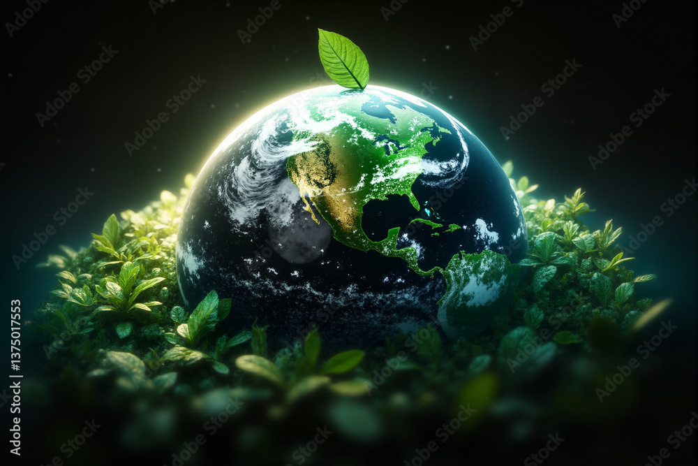 Vibrant Earth with lush vegetation and a sprout, floating in a nebulous space. Ideal for ecological balance, new life concepts, Earth Day, environmental campaigns. Vibrant Earth with lush vegetation and a sprout, floating in a nebulous space. Ideal for ecological balance, new life concepts, Earth Day, environmental campaigns.