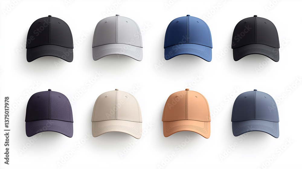 Eight baseball caps showing different colors on white background Eight baseball caps showing different colors on white background