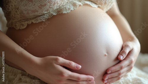 Close-Up of Pregnant Woman’s Hands Resting on Baby Bump