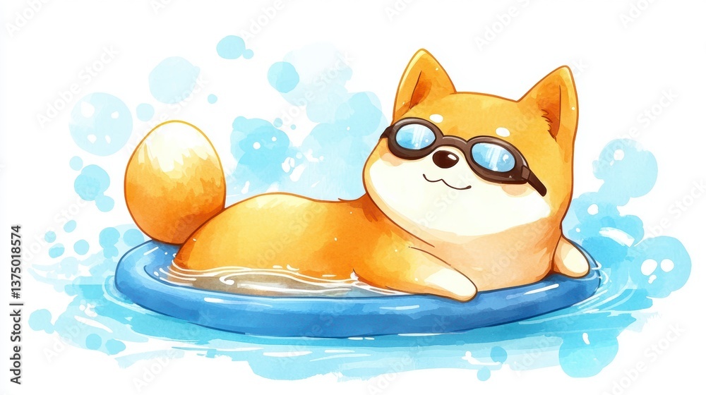 Fototapeta premium Shiba Inu Dog in Swimming Pool with Float