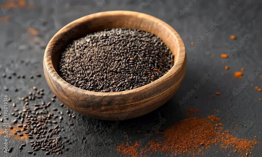 A wooden bowl is filled with small, dark seeds, some scattered around on a dark, textured surface