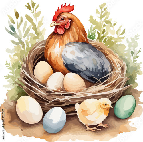 Hand drawn watercolor painting of a chicken sitting on a nest with eggs and a cute yellow chick isolated on white background. Perfect for Easter and farm themed designs