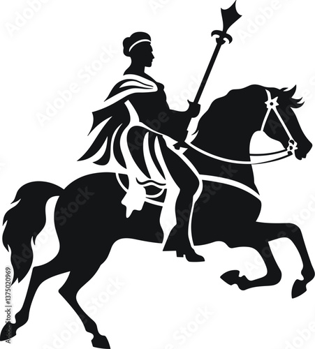Equestrian warrior woman brandishing a spear, symbolizing strength and courage in battle cartoon isolated on transparent background. Vector illustration.
