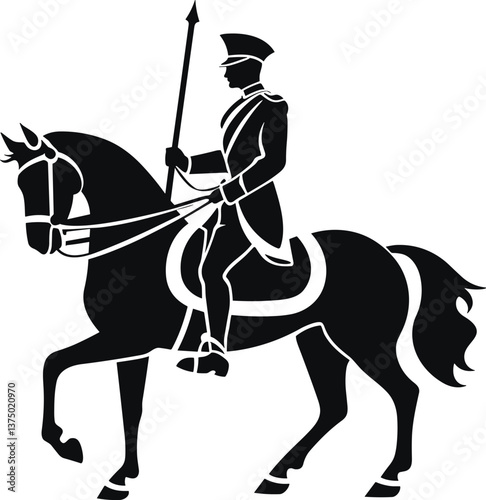Equestrian soldier rides gracefully on horseback while holding a spear cartoon isolated on transparent background. Vector illustration.