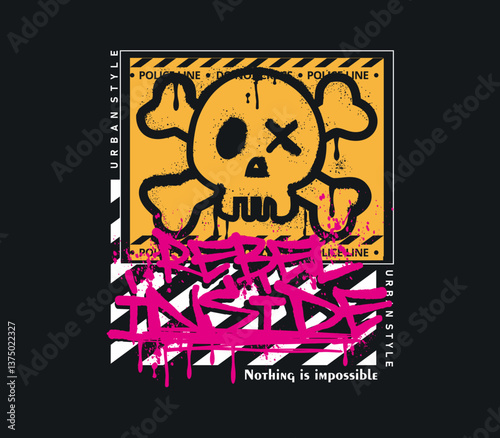 Rebel Inside slogan with spray paint graffiti skull, graphics for T-shirt, apparel, and urban design. Vector illustration