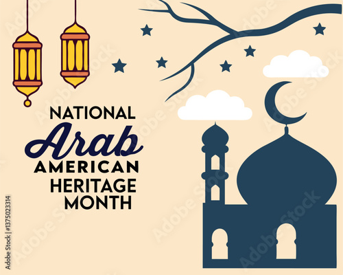 Celebrating National Arab American Heritage Month with mosque, moon, and lanterns design.