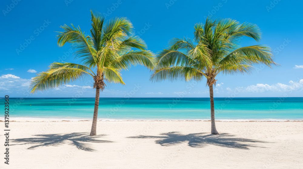 Lush palm trees on serene beach with turquoise water Lush palm trees on serene beach with turquoise water