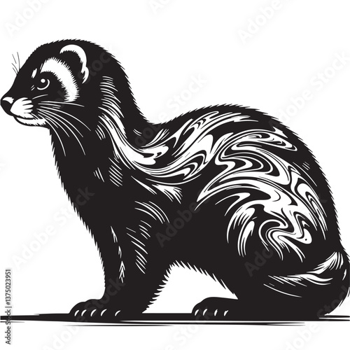 Black Marbled Polecat Silhouette Vector, High Quality Illustration on White Background