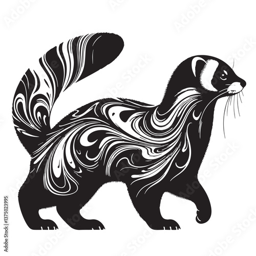Black Marbled Polecat Silhouette Vector, High Quality Illustration on White Background