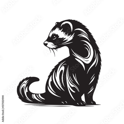 Black Marbled Polecat Silhouette Vector, High Quality Illustration on White Background