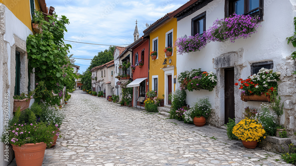 Fototapeta premium Charming cobblestone street lined with colorful houses adorned with flowers and greenery
