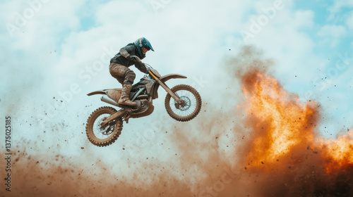 Extreme motorcycle rider performing thrilling jump amidst cloud of dust and smoke