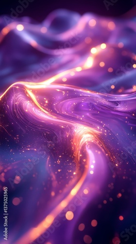 Abstract fluid holographic iridescent purple curved wave in dark background 3d render. Gradient design element for backgrounds, wallpapers, posters and covers