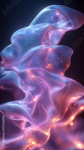 Abstract fluid holographic iridescent purple curved wave in dark background 3d render. Gradient design element for backgrounds, wallpapers, posters and covers