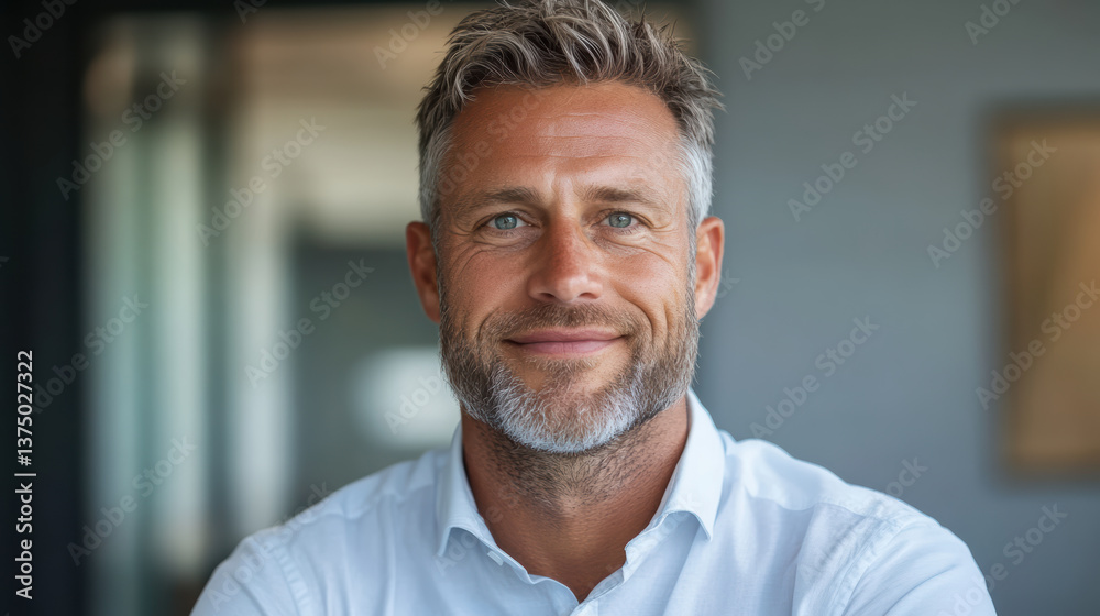Obraz premium Confident man smiling in professional setting, showcasing positive attitude and approachability