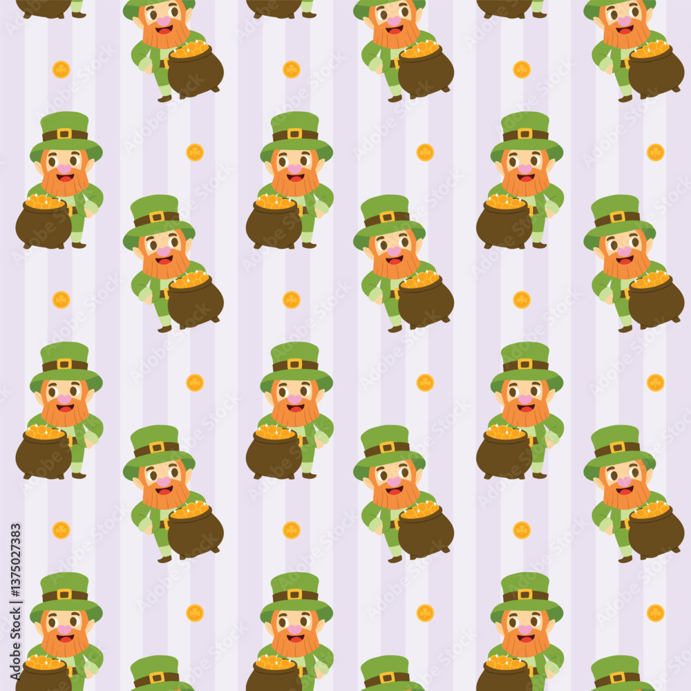 Fototapeta premium Cheerful cartoon leprechauns standing next to pots of gold with scattered coins, set on a purple striped repeating background