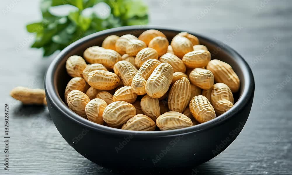 Bowl of peanuts in shells, nestled in a dark bowl. Greenery behind adds freshness and a natural feel to the image