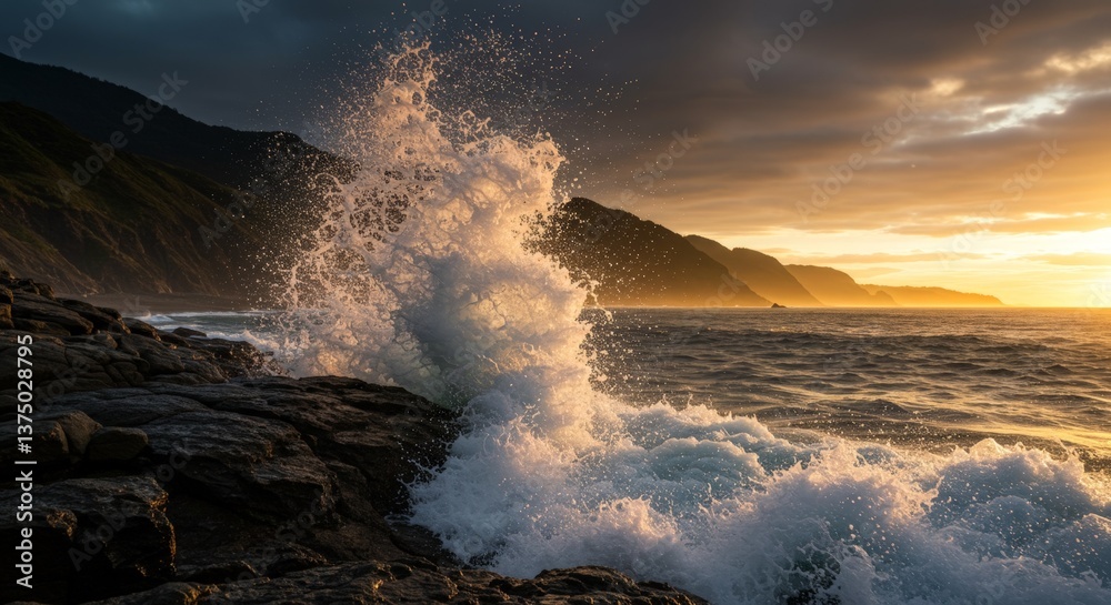 Fototapeta premium Golden Hour Wave Crash