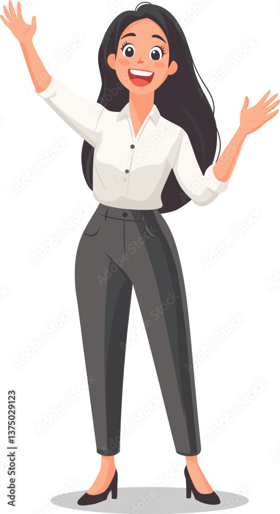 Cheerful woman with long hair expressing excitement in a professional outfit cartoon isolated on transparent background. Vector illustration. Cheerful woman with long hair expressing excitement in a professional outfit cartoon isolated on transparent background. Vector illustration.