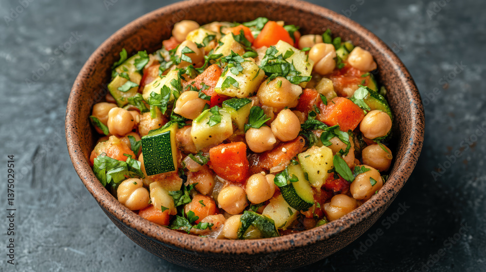 Fresh chickpea salad with vegetables and herbs, vibrant and healthy dish