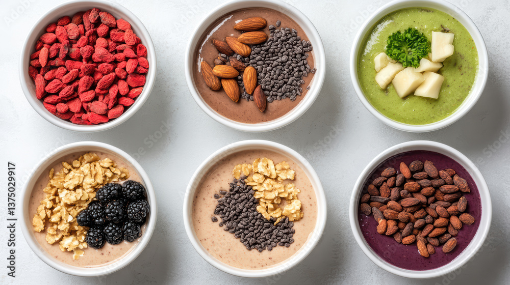 Delicious acai bowls topped with various fruits, nuts, and seeds create vibrant display Delicious acai bowls topped with various fruits, nuts, and seeds create vibrant display