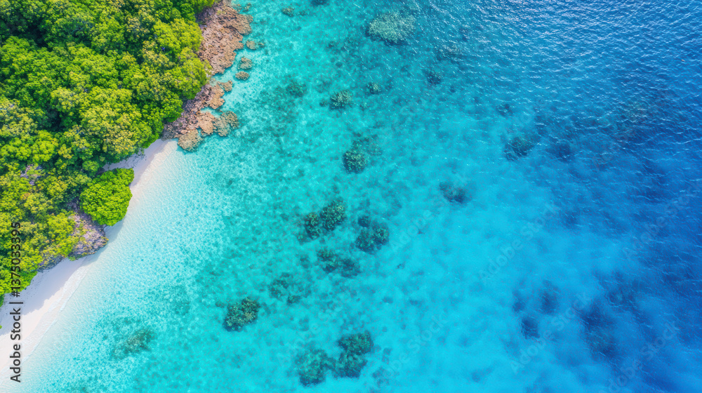 Φωτογραφία Aerial view of vibrant turquoise ocean meeting sandy beach, surrounded by lush g
