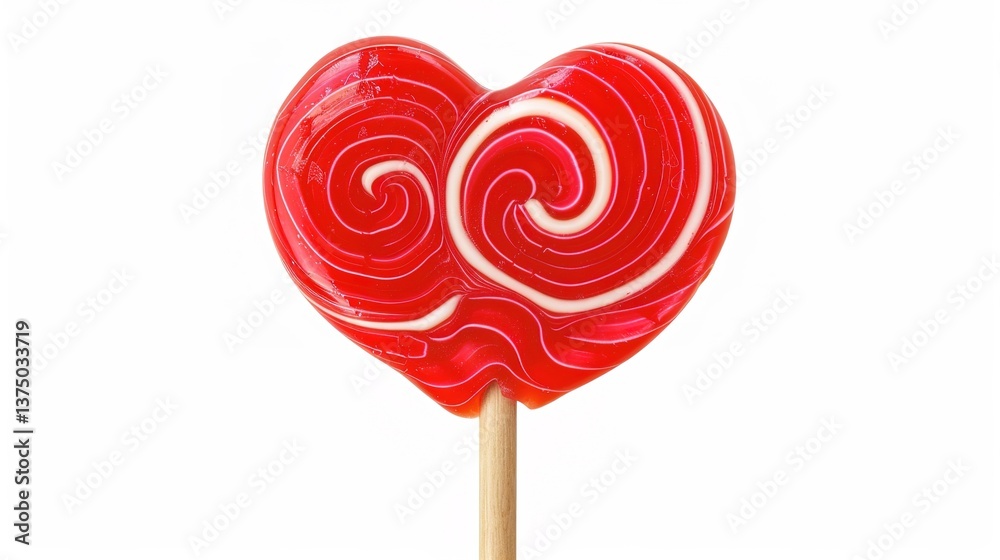 A heart-shaped red lollipop with white swirls that is mounted on a wooden stick and isolated against a white background. The lollipop showcases a visually appealing design and could be used for variou A heart-shaped red lollipop with white swirls that is mounted on a wooden stick and isolated against a white background. The lollipop showcases a visually appealing design and could be used for variou