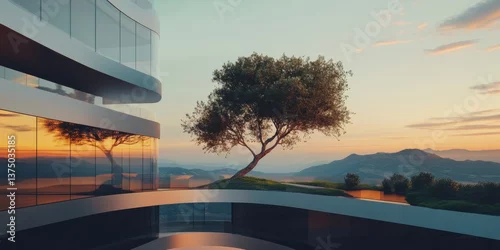 Obraz Minimalist Architectural Wellness Sustainable Design Fusion of Nature and Glass, Tranquil Sunset Landscape Inspiring Mindful Living and Architectural Innovation